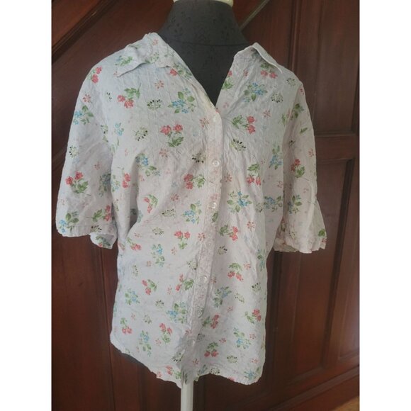 Liz&Me Floral Embroidered Button-Up Shirt 2X Cotton Blend Short Sleeve Pastel Co - Picture 1 of 7